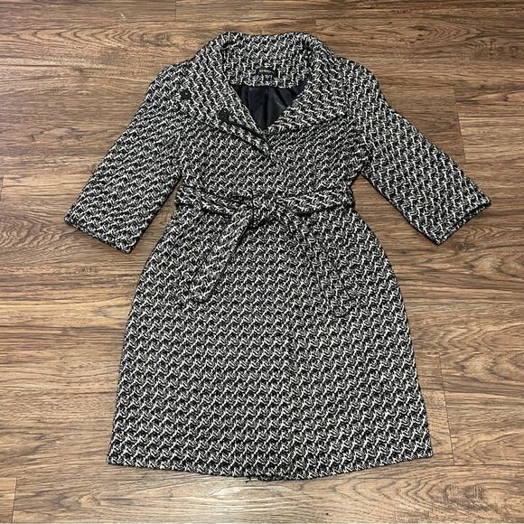 Bebe Wool Blend Belted Coat Snap Buttons Black White Metallic Silver Threads Sm - Picture 10 of 17